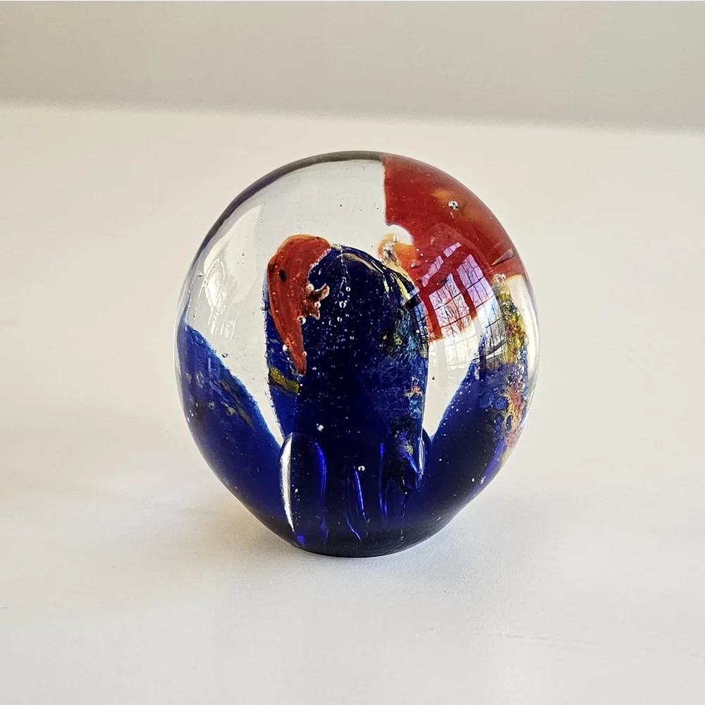 Vintage Art Glass Paperweight 2.5” Blue Red Controlled Bubble Hand Blown